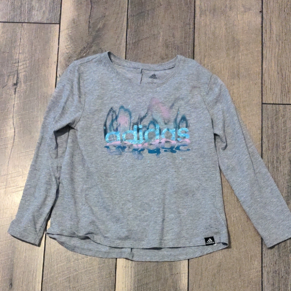adidas Girls Gray Long Sleeve Graphic Tee Shirt Size 6 Logo